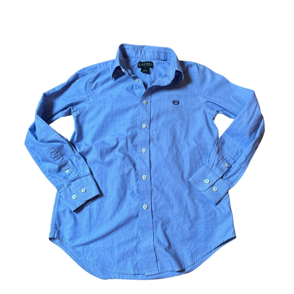 Lauren Ralph Lauren Button Down Shirt Kids Blue Long Sleeve Crest SIZE 12